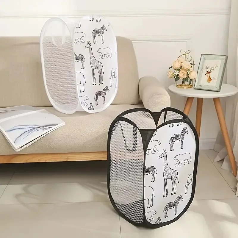 Baby Bath Toy Organizers Basket Home Bathroom Dirty Clothes Storage Basket Cartoon Print Mesh Foldable Laundry Basket