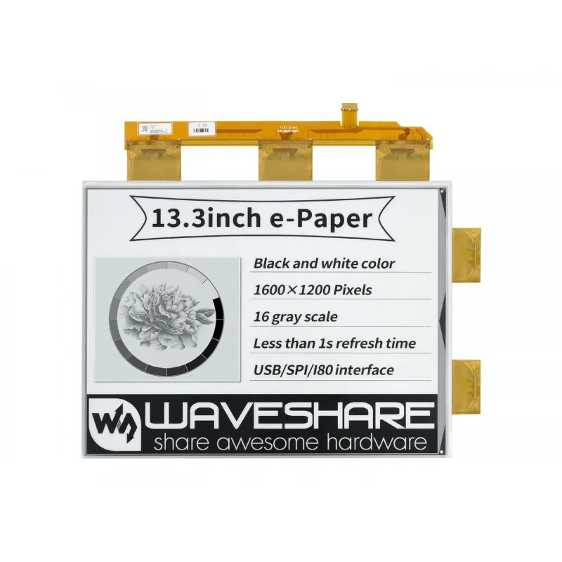 13.3inch E-Paper E-Ink Display  For Raspberry Pi  1600×1200 Pixels  Black / White   2-16 Grey Scales  USB/SPI/I80