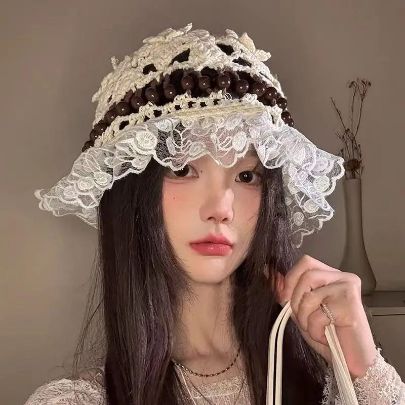 

Ladies' Bucket Hats Lace Beads Korean Ethnic Style Handmade Woven Hollow Out Sweet Fashionable Versatile Pullover Hats For Girl