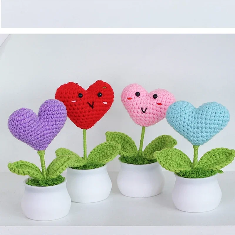 Heart Shape Knitted Flowers Potted Colourful Crochet Plant Wedding Gift Creative Artificial Flower Car Desktable Decor