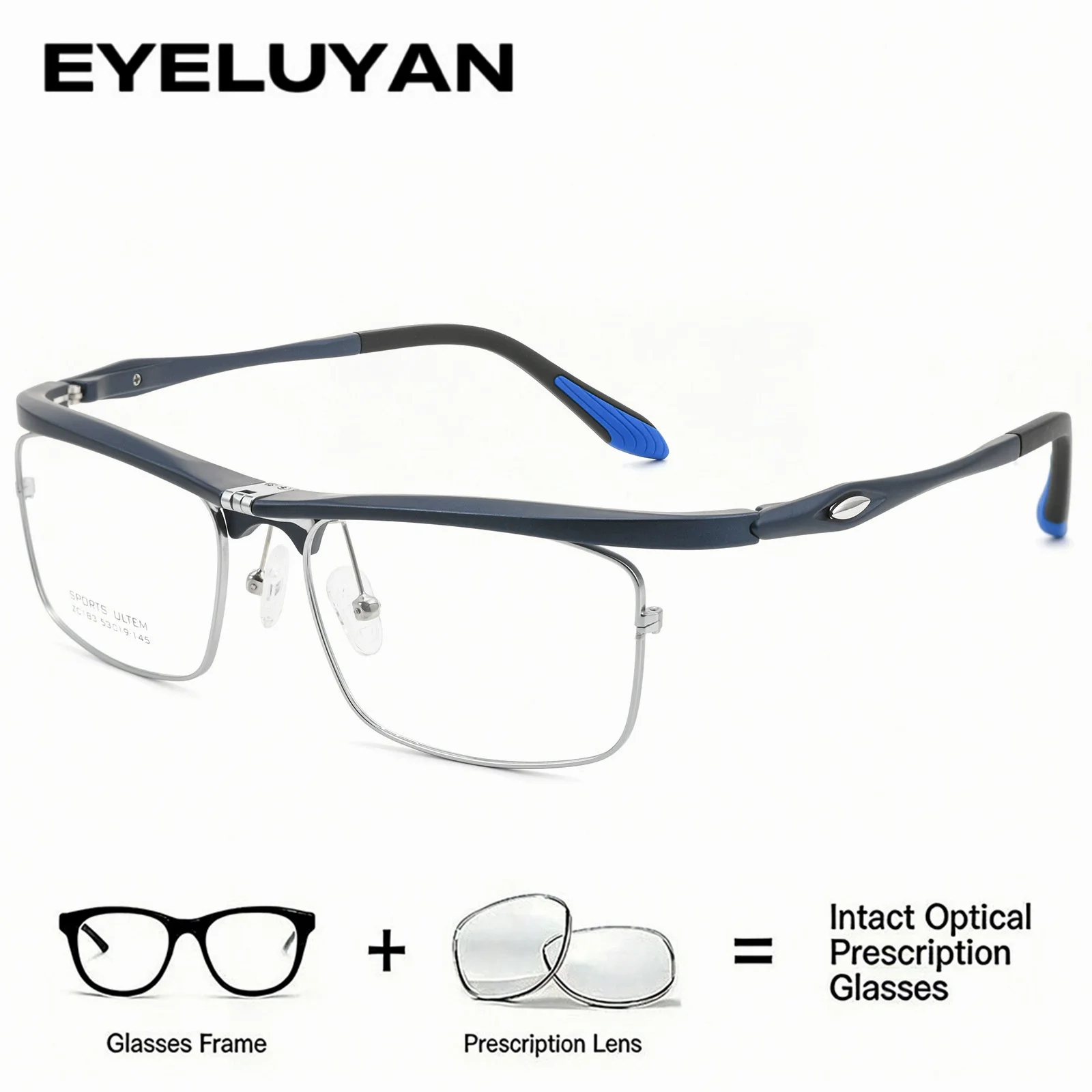 

EYELUYAN 180 ° Flip Up Sports Fashion Men's Square Half Rim Eyeglass Frame Lightweight Durable Anti-slip Casual Optical Glasses