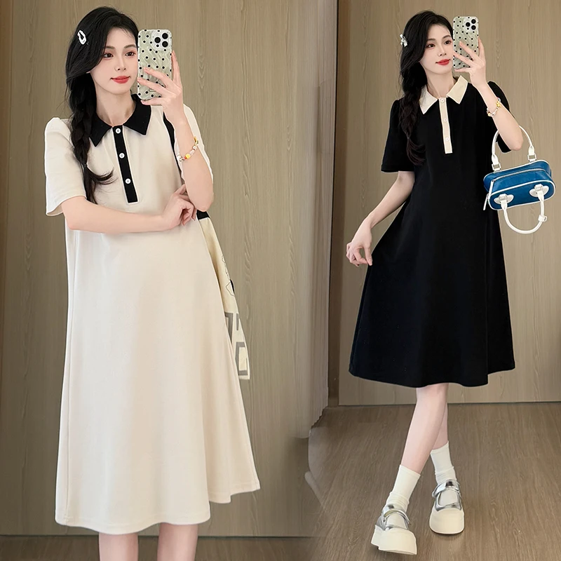 G78152# Pregnancy Clothes Dress Polo Maxi Dress Loose Women Korean Style Summer Mid-Long Color Block Maternity Dresses