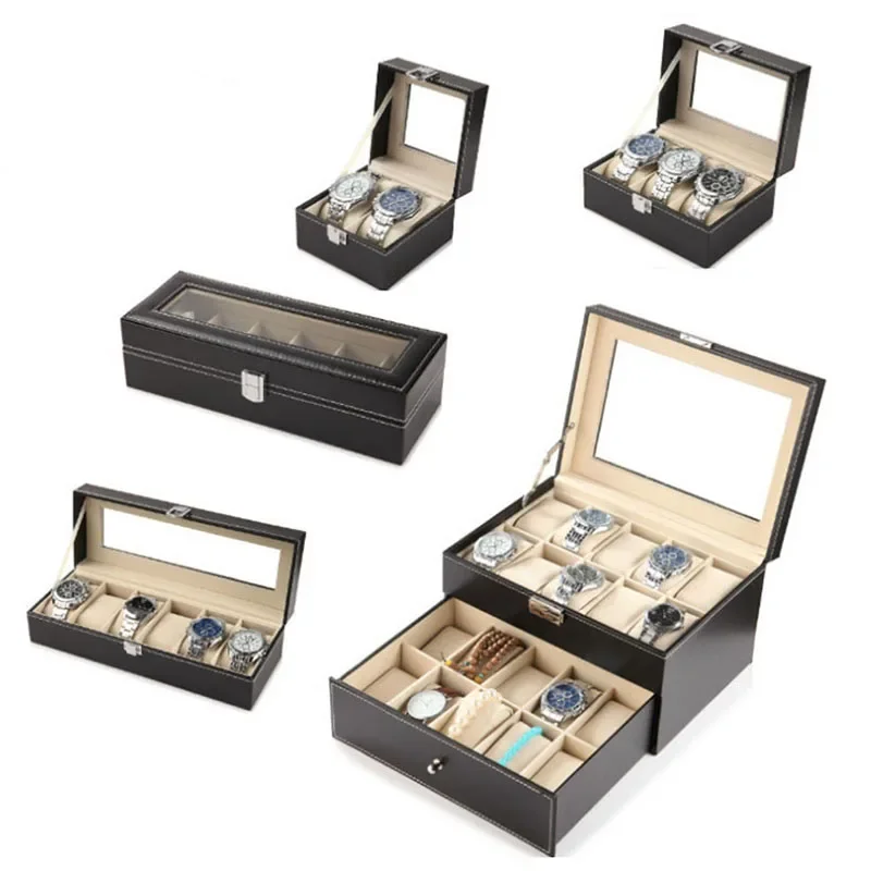 Uhrenbox aus PU-Leder – Vitrine mit transparentem Deckel und weichem Innenraum, Aufbewahrungsorganisator mit mehreren Schubladen für die Schmuckkollektion – Detail 3