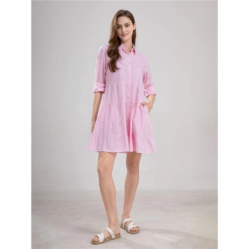 ASDS-Damska sukienka koszulowa midi w paski, zapinana na guziki, codzienna, luźna, z długim rękawem z mankietami, sukienki o średniej długości