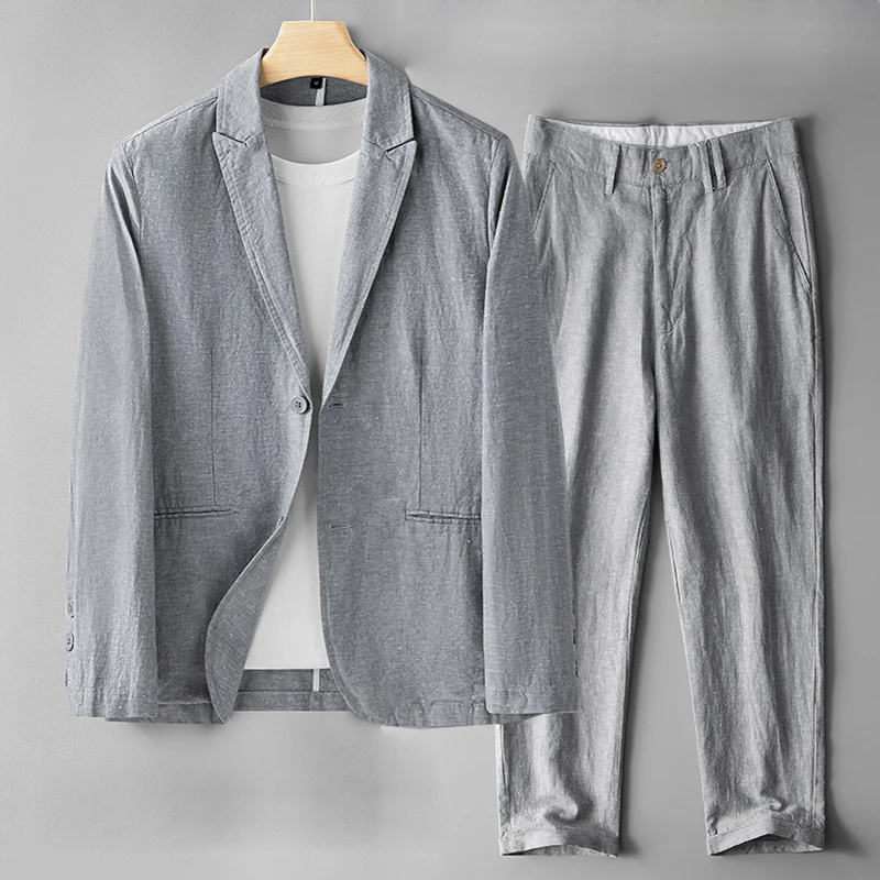 

Summer Thin Cotton Linen Men's Suit Casual Wedding Guest Wear Comfortable Breathable Two-Piece Suit Busin Casual Sle