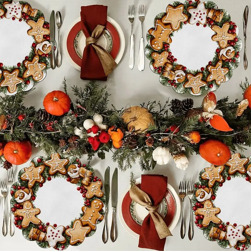 VIKAMA Gingerbread Man Star Cookie Wreath Placemat White Backdrop Scalloped Edge Candy Cane Evergreen Berry Xmas Table Mat Soft