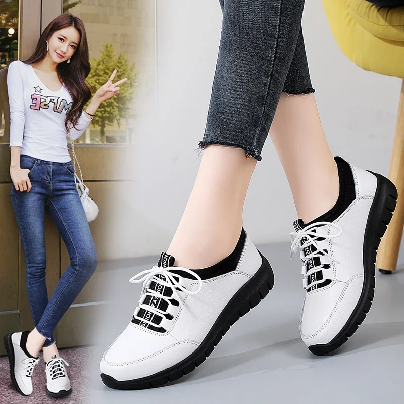2024 Hot Seller New Sneakers Women Shoes Platform Loafers Lace Up Leather Flats Trend Spring Casual Mom Shoe Uxst