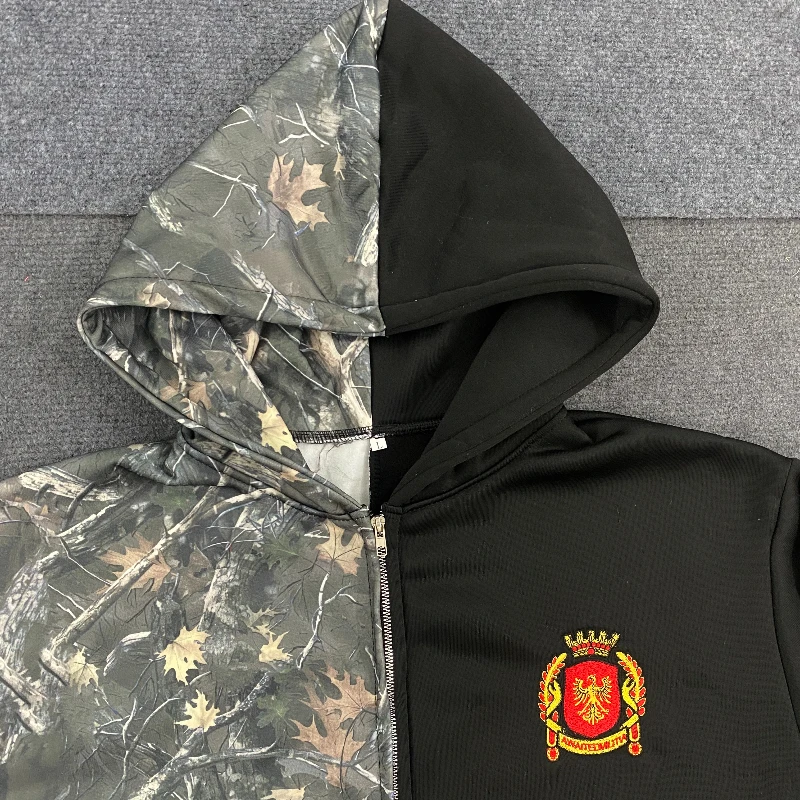 2025 Y2K Street Trendy Pants Set American Leaf Print Splicing Hoodie Loose Hoodie Ins