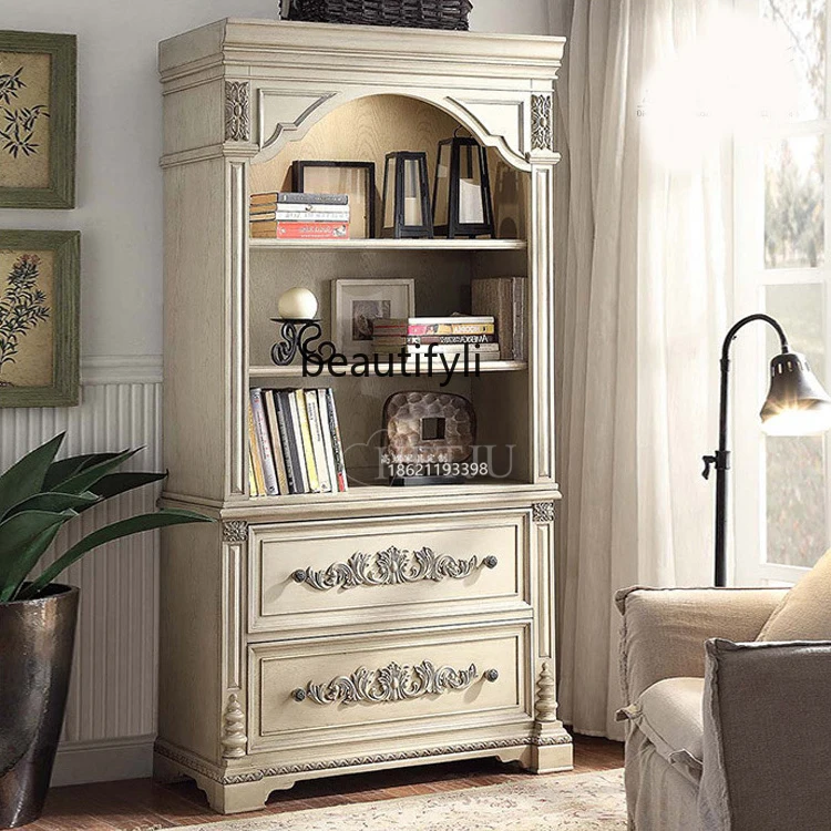

A36 American solid wood bookcase French retro old living room dining side cabinet European carved bookshelf shelf customization
