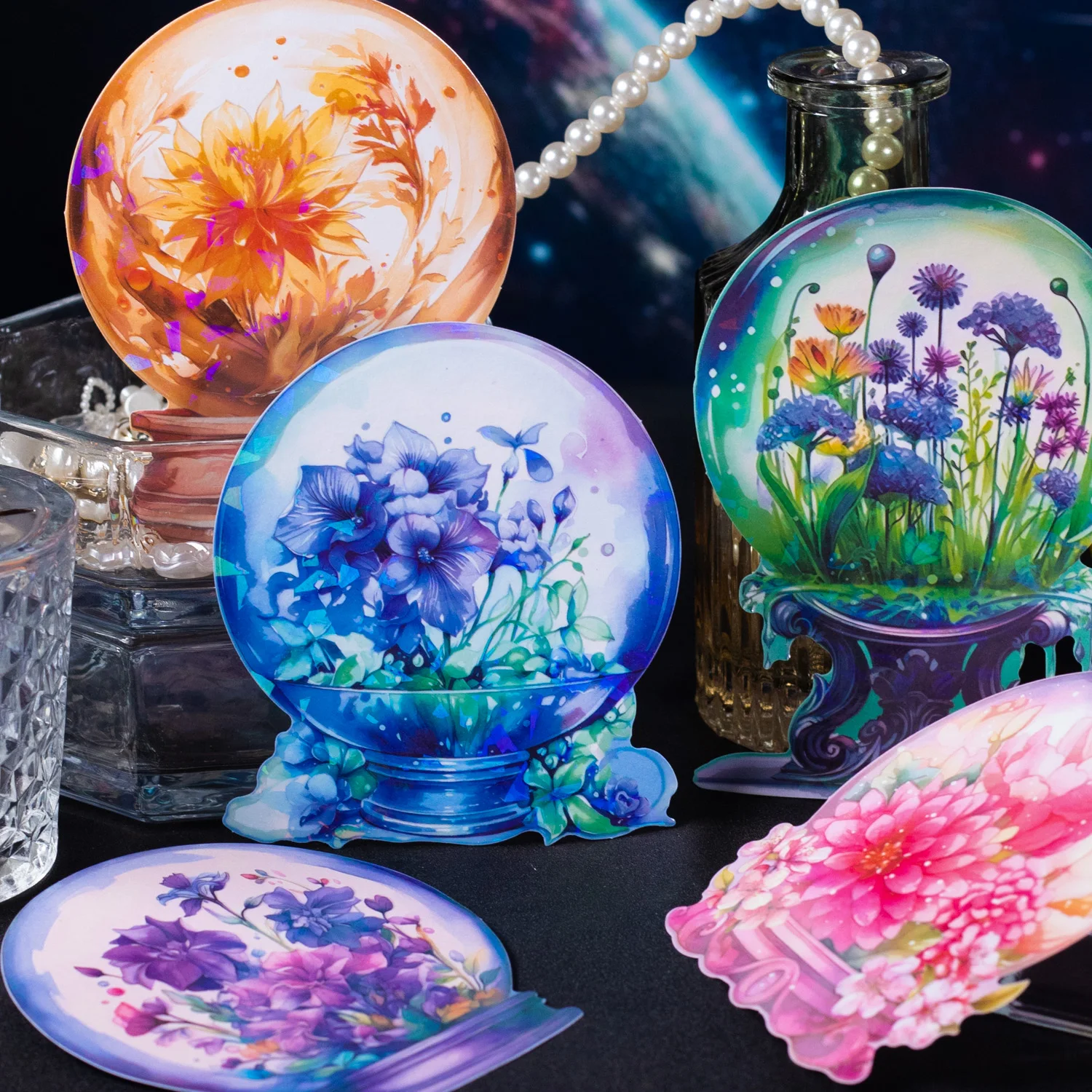 5 Sheets Dream Crystal Ball Series Vintage Flower Shell Light PET Sticker Creative DIY Journal Collage Decor Stationery