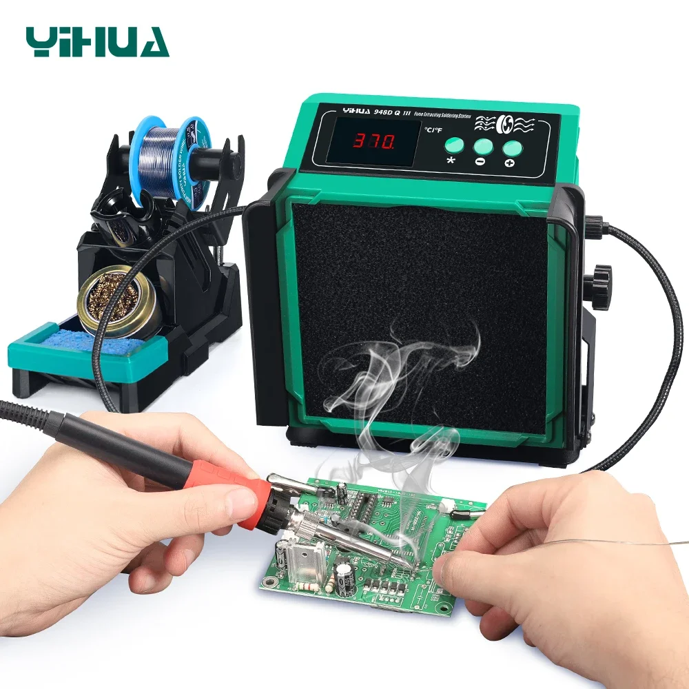 YIHUA 948DQ Serise 200W Soldering Fume Extractor Filter Smoke 110W Soldering Iron Station with 2 Helping Hands