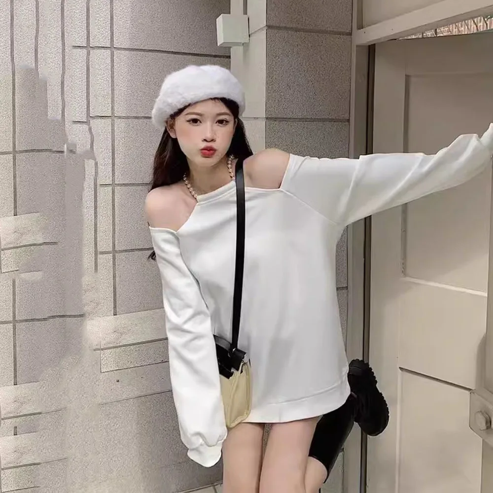 

Spring Off Shoulder Top for Women Design Sense Loose Hanging Neck Black Autumn Sweatshirts Female Pearl Halter Casual Hoodies