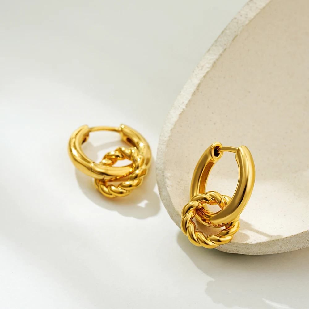 Fashion Gold Plated Twist Double Round Hoop Earrings Geometric Gold Color Tiny Round Earrings Waterproof Jewelry for Women