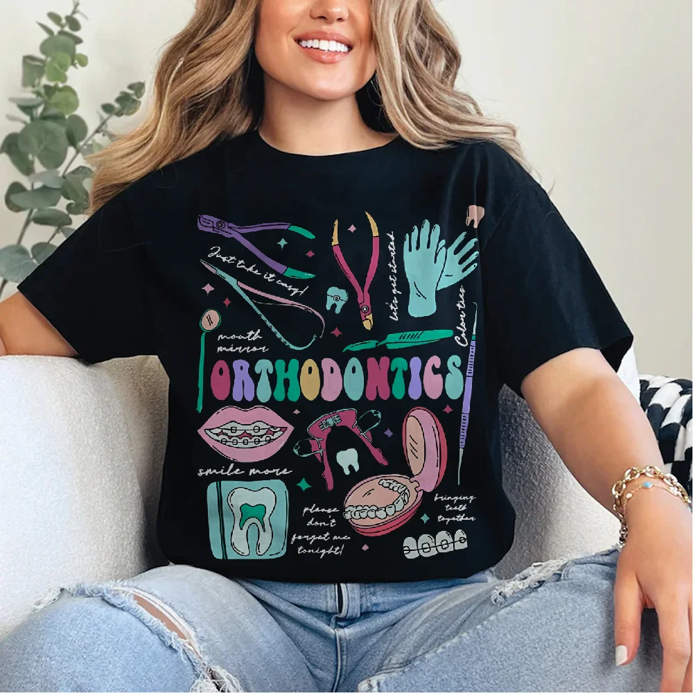 

Cartoon Color Women's T-Shirt Back Medical Tools Printing Retro Loose Washing Old Oversize Designer New Trendy Short Sleeves