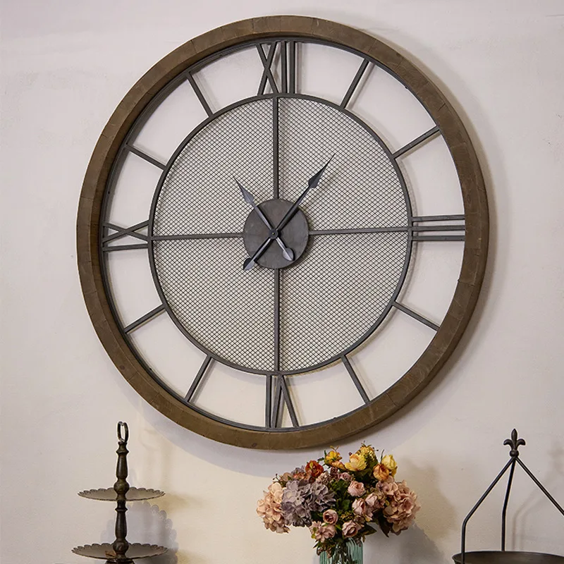 European and American Creative Iron Solid Wood Frame Wall Clock for Home Decor Living Room Bedroom Office for Modern Retro