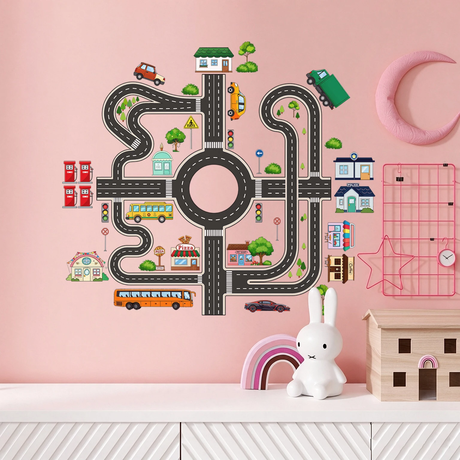 Cartoon City Road Track Wall Stickers Car Bus Traffic Light House Gas Station Wall Decal Kids Boys Bedroom Playroom Self Adhesiv