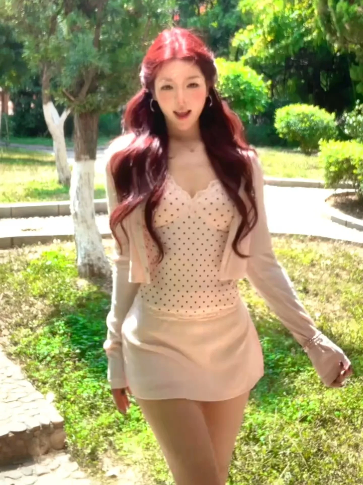 

Sexy Polka Dot Halter Neck Short Skirt Set Women's Summer Pure Desire Pink Open Cardigan Fashionable Breathable Polyester