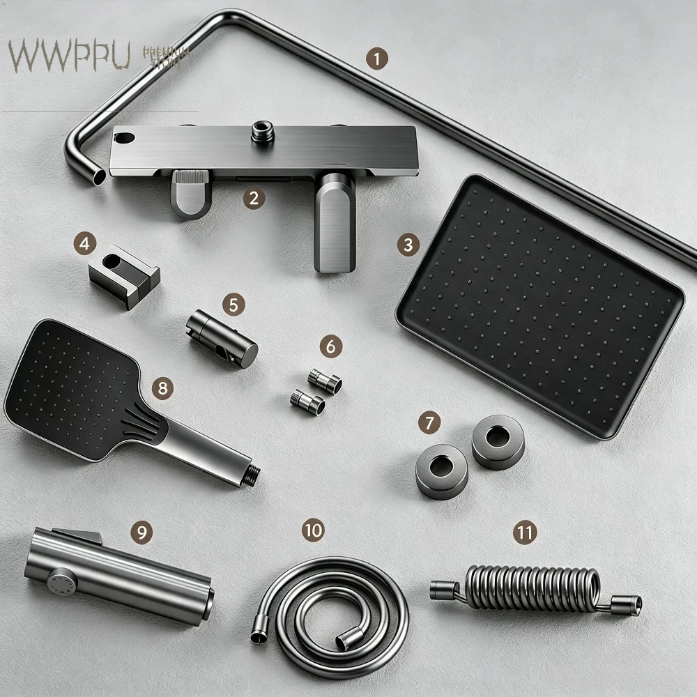 WWPPU Grey Aluminum Showers System Set Rainlfall Pressurized Bathroom Shower Faucet Set 4-Ways Water Outlet Bathroom Shower Set