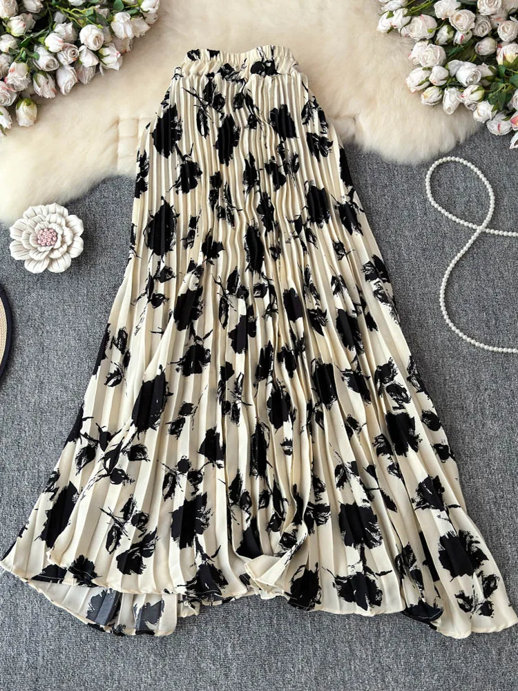 Spódnica midi plisowana, wyszczuplająca, w stylu retro, z wysokim stanem, wzór kwiatowy, odzież damska, wiosna 2025.