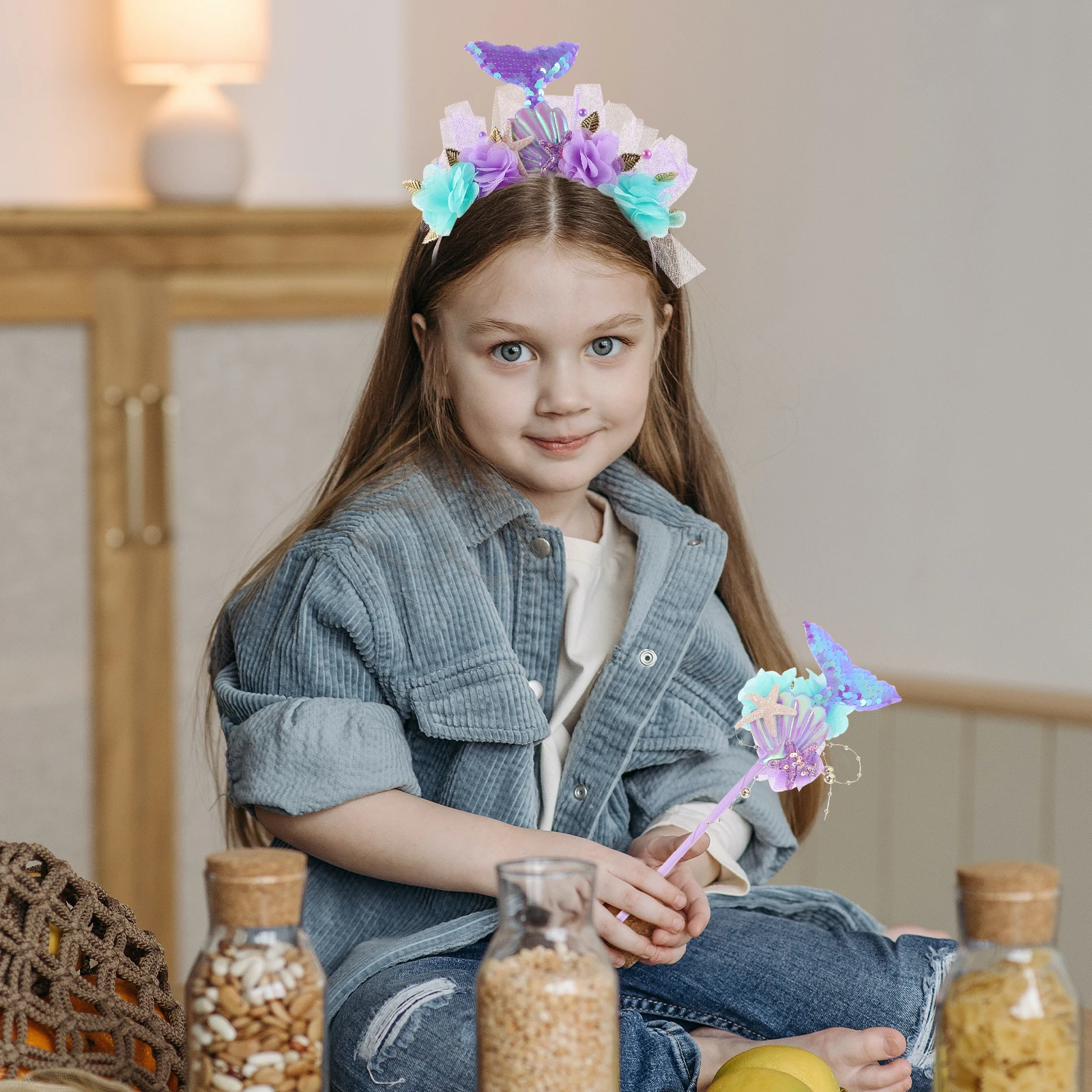 1 セットマーメイド衣装小道具妖精の杖ヘッドバンド女の子のためのコスプレパーティーの装飾スパンコールヘアバンドブライダルシャワー