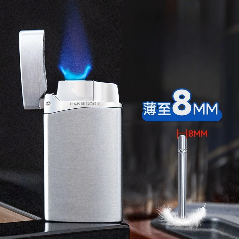 HANNICOOK Windproof Zinc Alloy Ultra-Thin Direct-Pull Flat Blue Flame Inflatable Lighter Gift Box Smoking Accessories