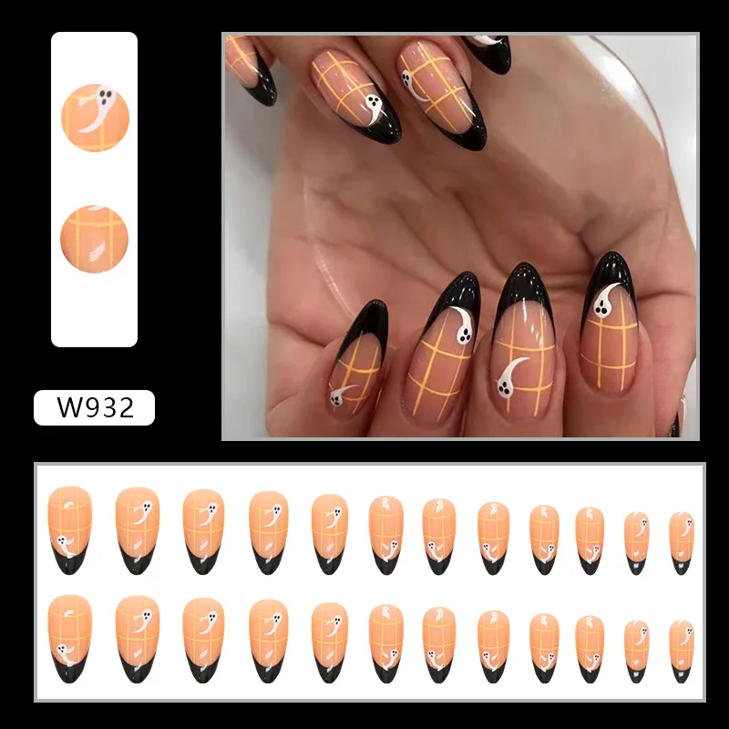 

24-Piece Halloween French Press-On Nails - Black Tips With Ghost & Plaid Design Long Almond Shape Spooky Style