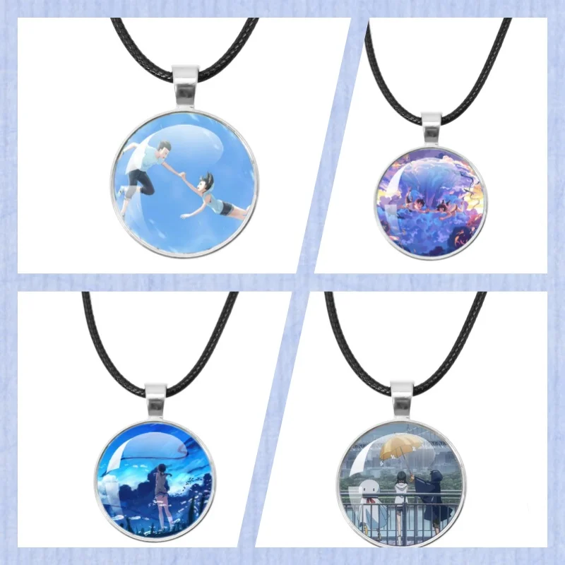 Hot Sales Anime W-Weathering with you Character Hodaka and Hina 25mm Silver-plated Leather Necklace Glass Handmade Jewelry Gift