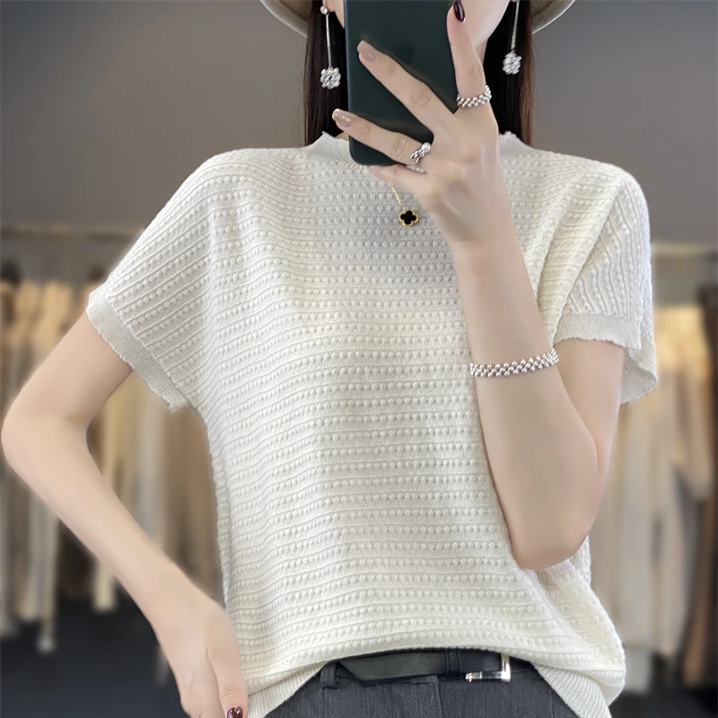 

Women's T-shirt Summer 100% Cotton Sweater Short Sleeve Solid Knitwear Round Neck Ladies Tops Loose Blouse Basic Pullover Tees