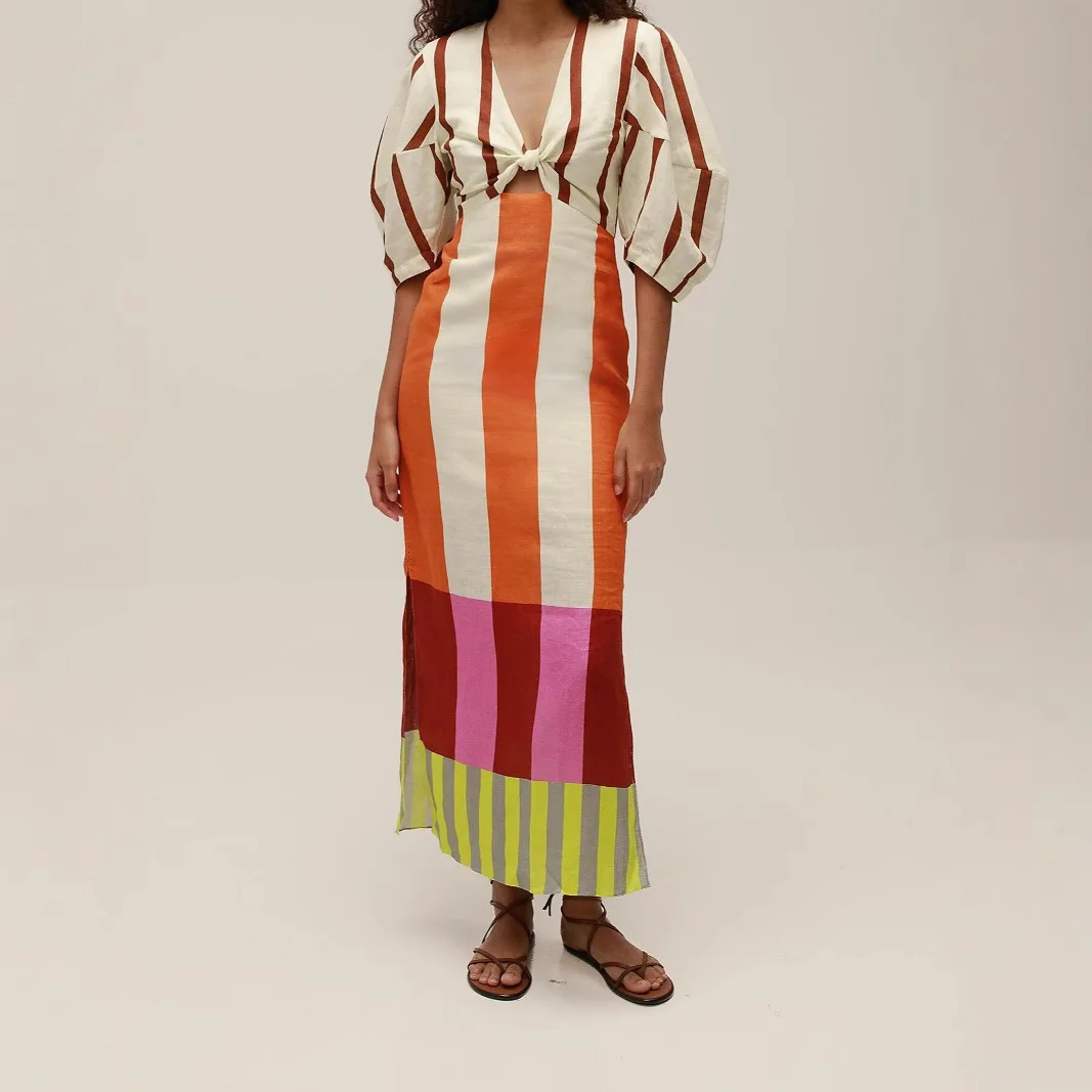 

Women Striped Dress 2025 Summer Fashion New Women's Elegant And Sexy Long Dress V-neck Printed Color Blocked Half Sleeve Dress