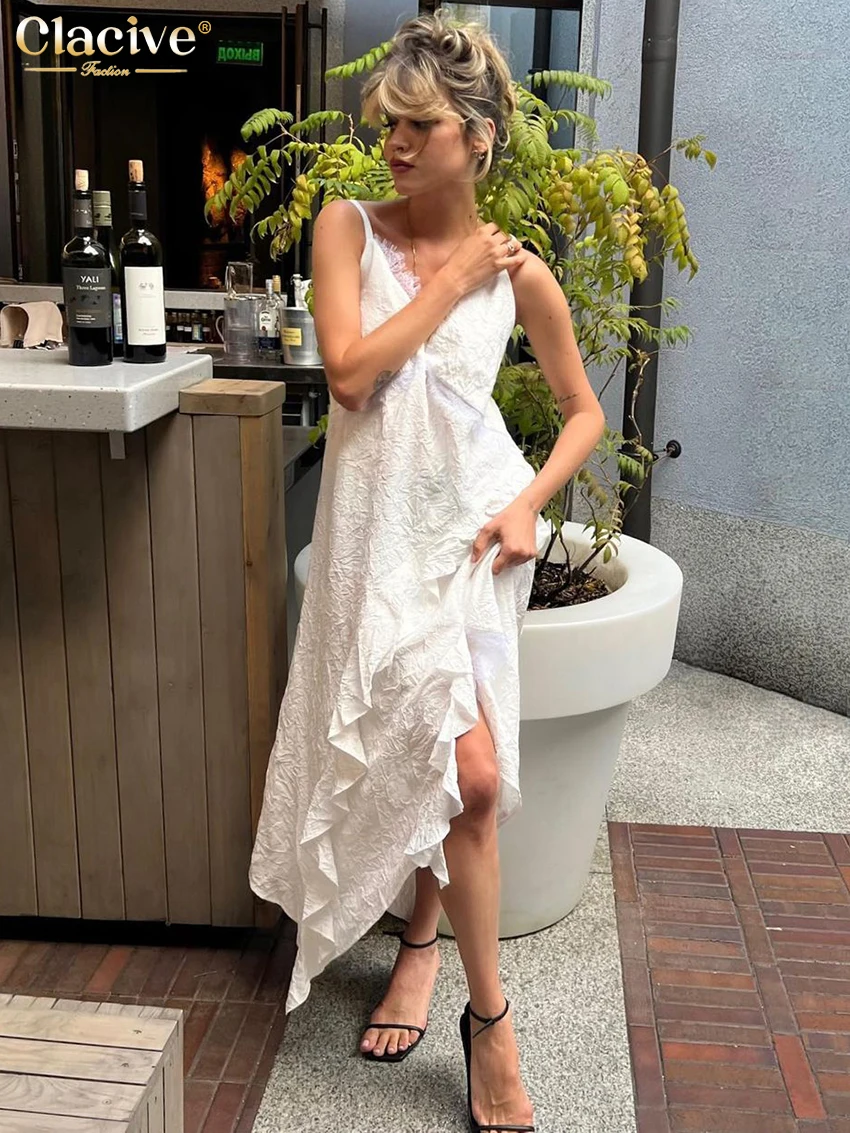 Clacive Summer Loose White Women's Dress 2025 Sexy Chic Strap Sleeveless Midi Dresses Elegant Classic Lace Spliced Female Dress