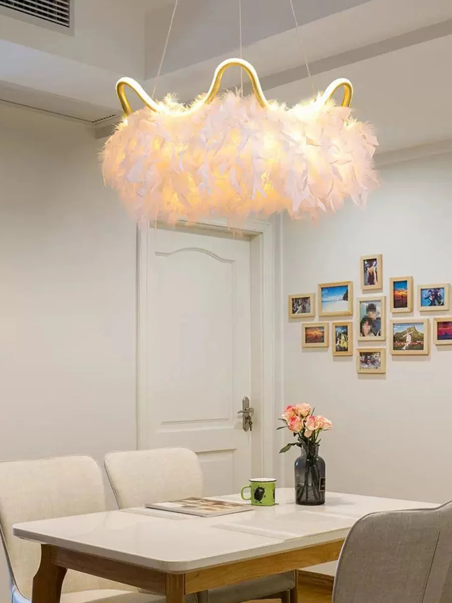 2025 New Cream-Style Feather Chandelier - Trendy Ambient Crown Lamp for Master Bedroom Girls' Room Cloakroom