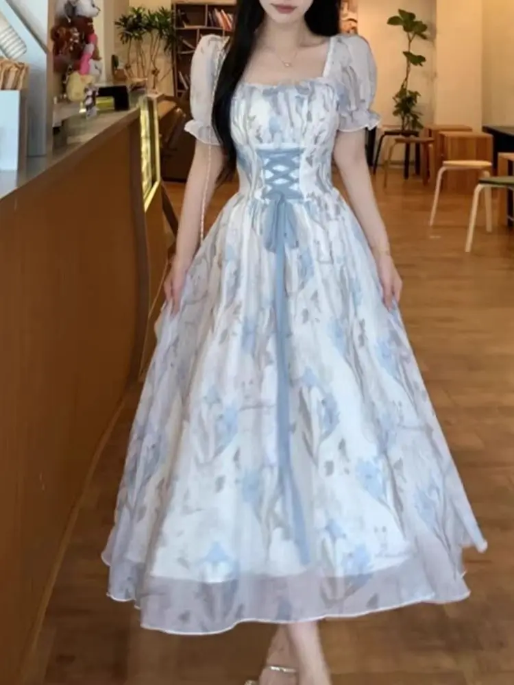 Summer Floral Print Dress Women's Gentle Style Square Collar Belted Waist Cinched Long Skirt A-Line Short Sleeve Casual Wear