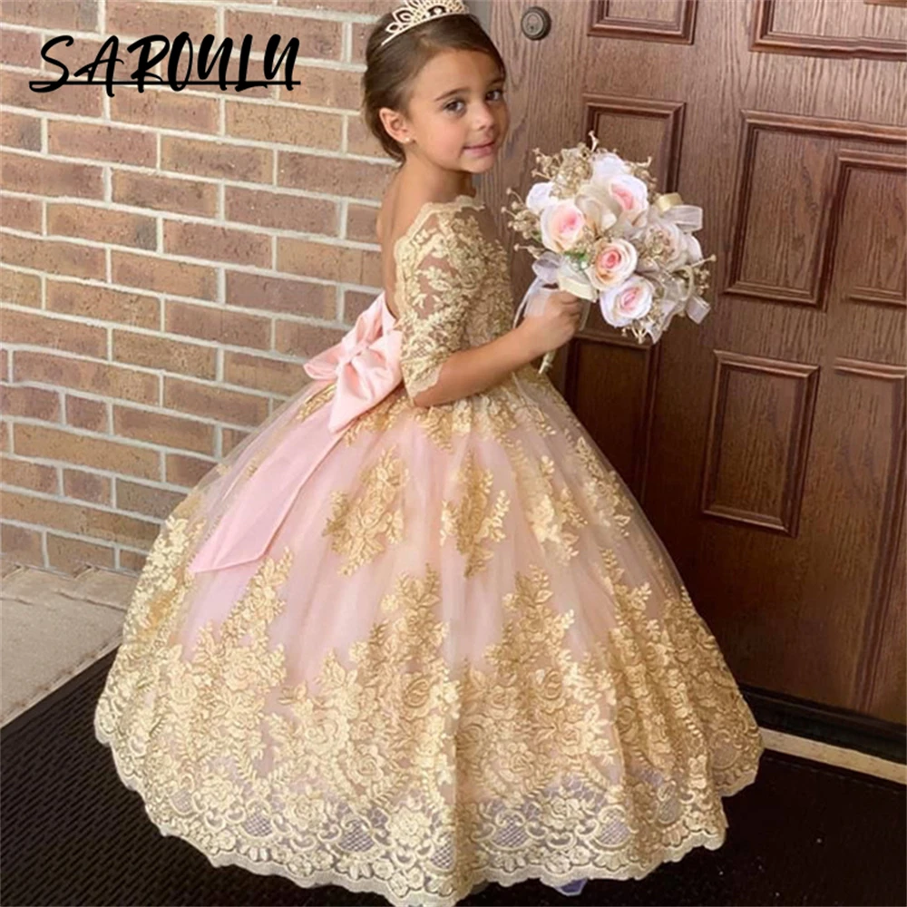 Luxury Gold Lace Appliques Wedding Flower Girls Dress Half Sleeves Designer Ball Gown Prom Dress For Children Birthday Gown