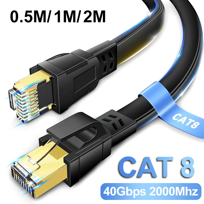 Cat8 Ethernet Cable Flat Lan Cable High Speed RJ45 40Gbps 2000Mhz For Home Networking Router Modem Computer PC And Laptops 1M 2M