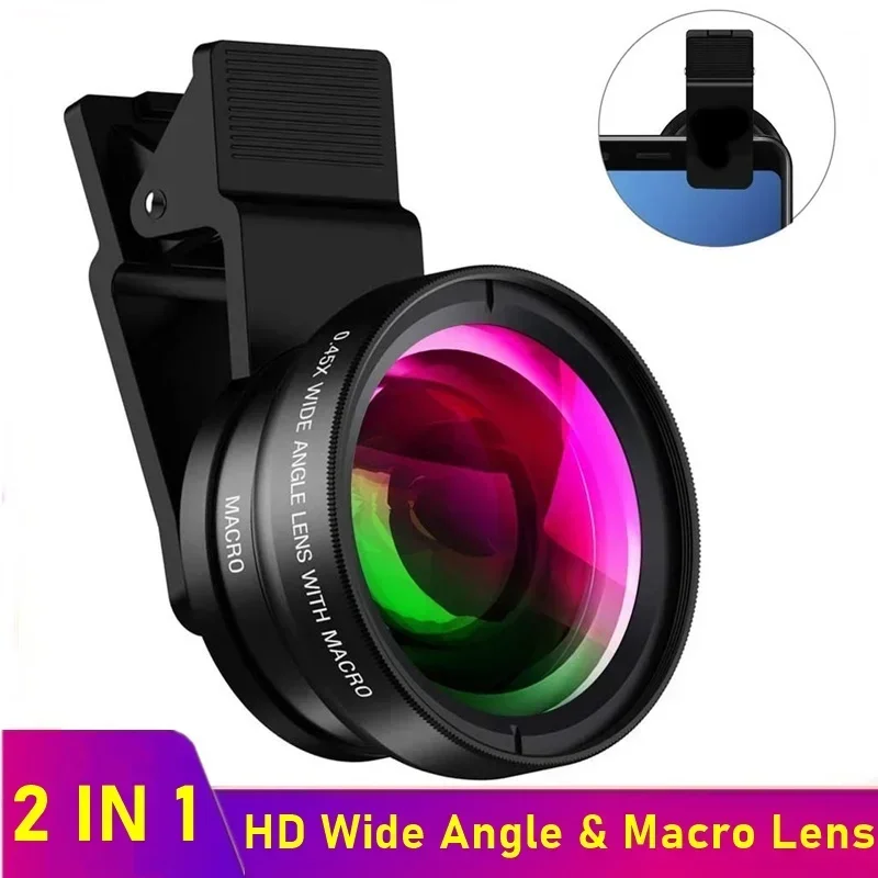 2 IN 1 Lens Universal Clip 37mm Mobile Phone Lens Professional 0.45x 49uv Super Wide-Angle + Macro HD Lens For iPhone Android