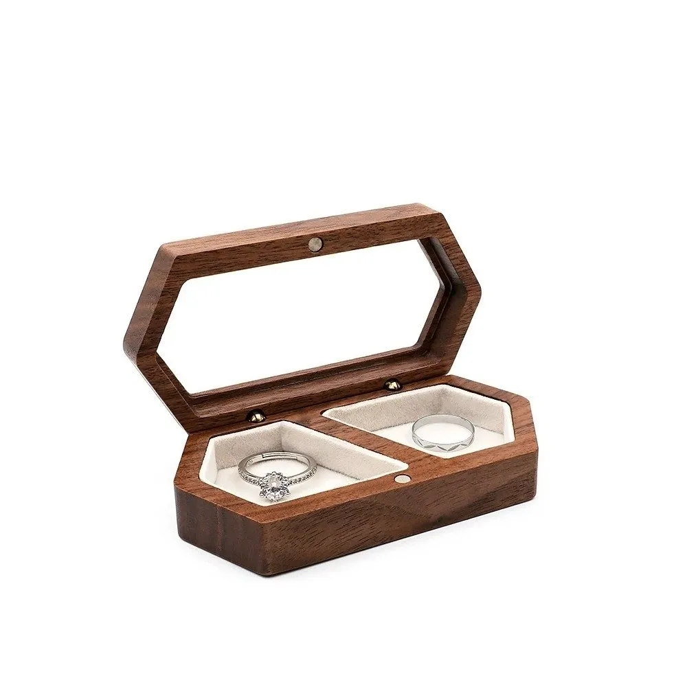 Luxury Hexagon Wooden Ring Box Proposal Gift Velvet Lined Engagement Ring Holder Double Seat Earring Ring Case