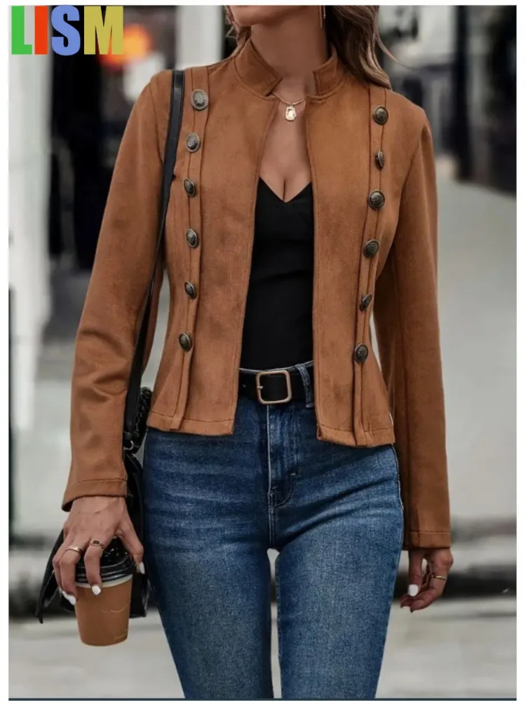 

LISM 2025 Winter Retro suede short jacket Double Breasted Long Sleeve Women Jacket Casual Office Lady Outwear Coat