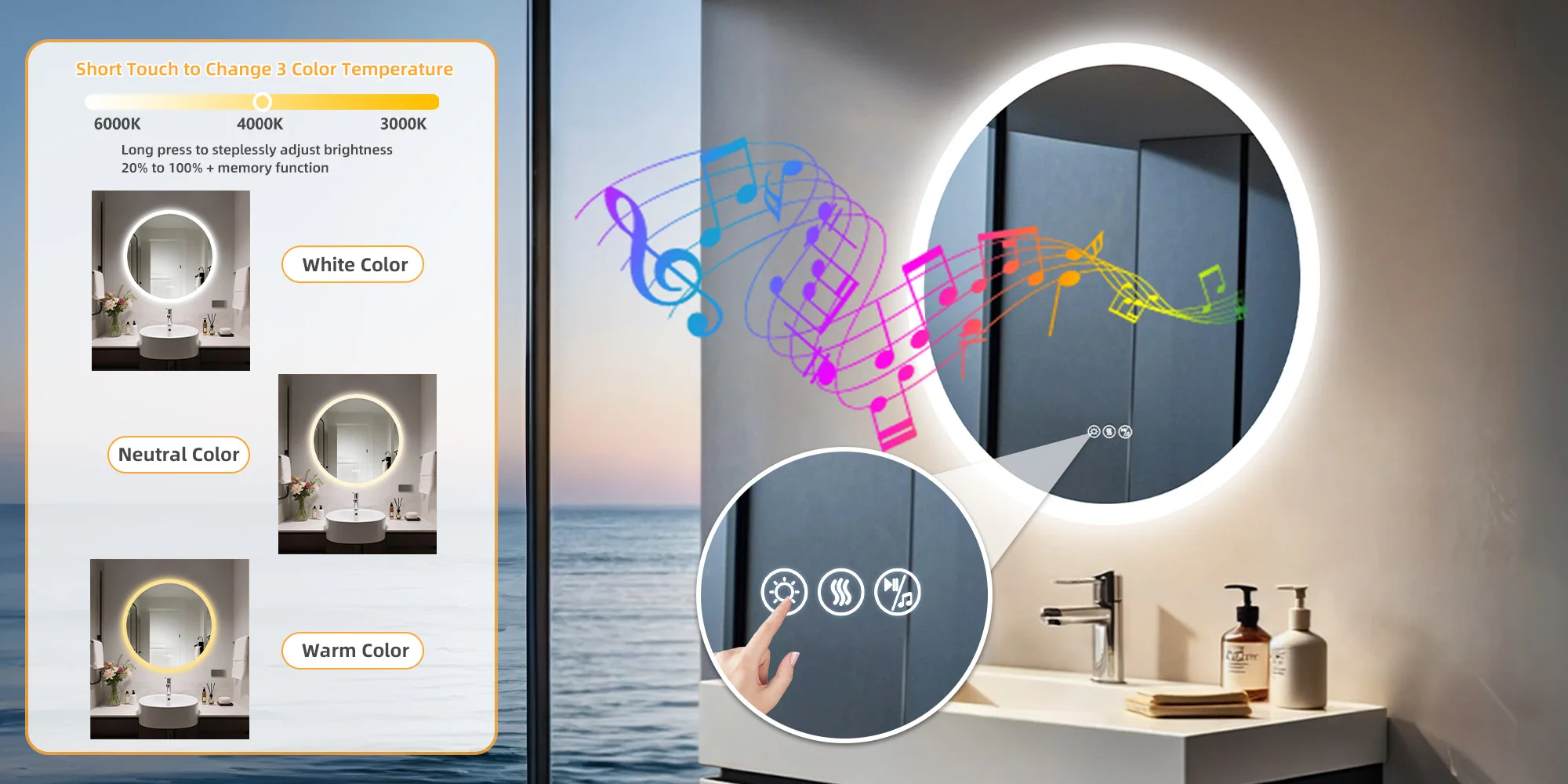 Round Bathroom Mirror 800x800mm with Bluetooth Wall Illuminated LED Vanity Mirror, Anti-Fog, Three Color Light, Memory Function