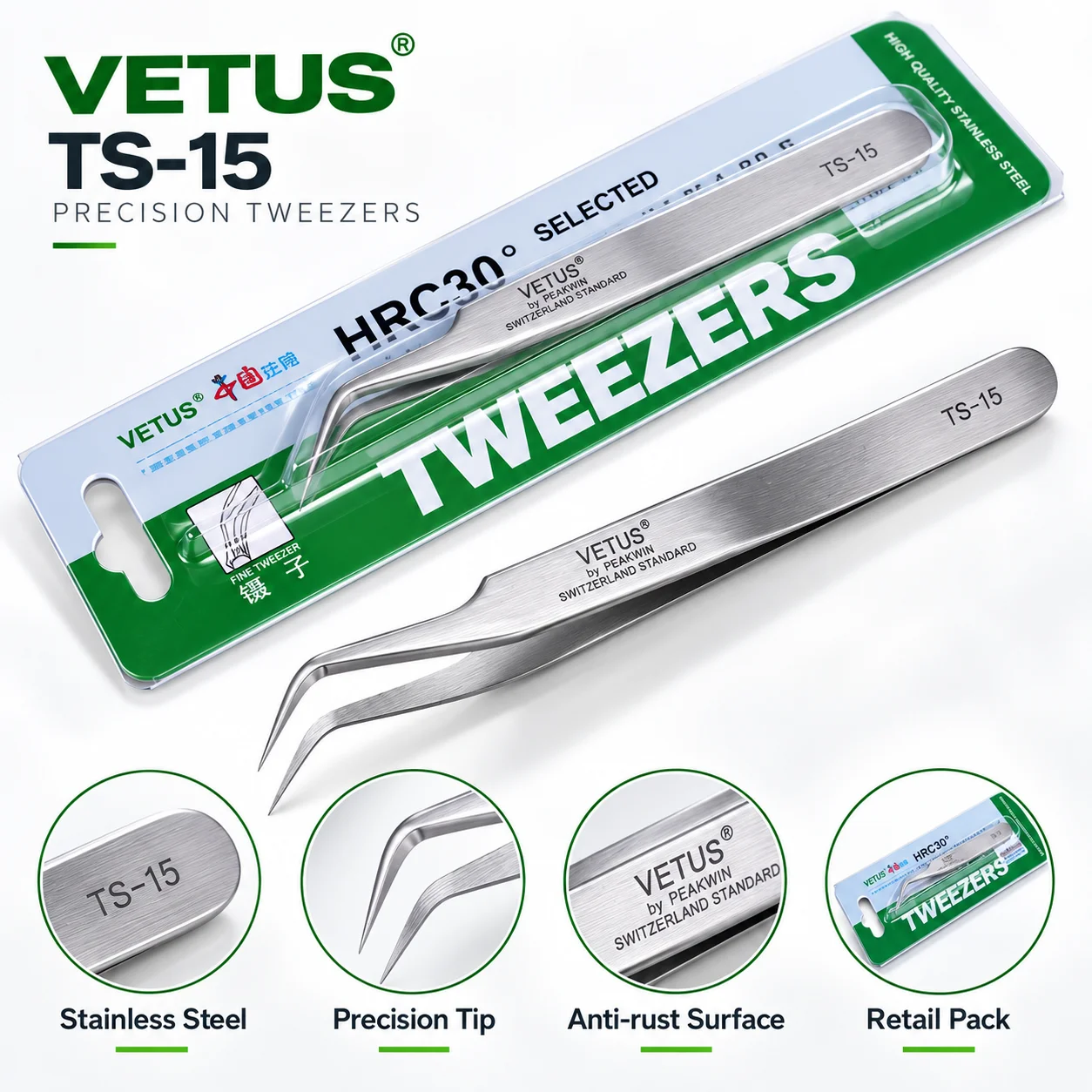 1 Stück TS-15 Vetus Pinzette Pinzas Edelstahl Präzisionspinzette Herramientas Elektriker Handwerkzeuge – Detail 2