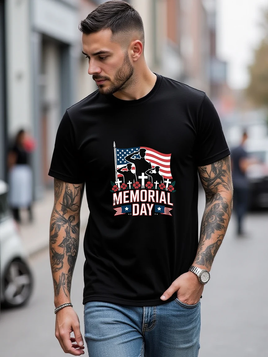 Men's Short-Sleeved T-Shirt with Memorial Day Elements, Fashionable and Versatile, Classic American Style Trendy Item, Personalized Patriotic Theme Print, Showcasing Unique Taste, Suitable for Casual Gatherings and Other Occasions, Giving You a Different Summer Outfit Experience