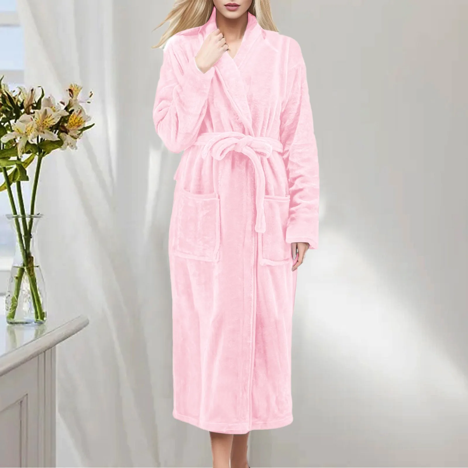 Women\'s Winter Sleepwear Robes Long Cloth Robes solid color Plus Size Bathrobe fluffy Coral Fleece Nightgown with pockets