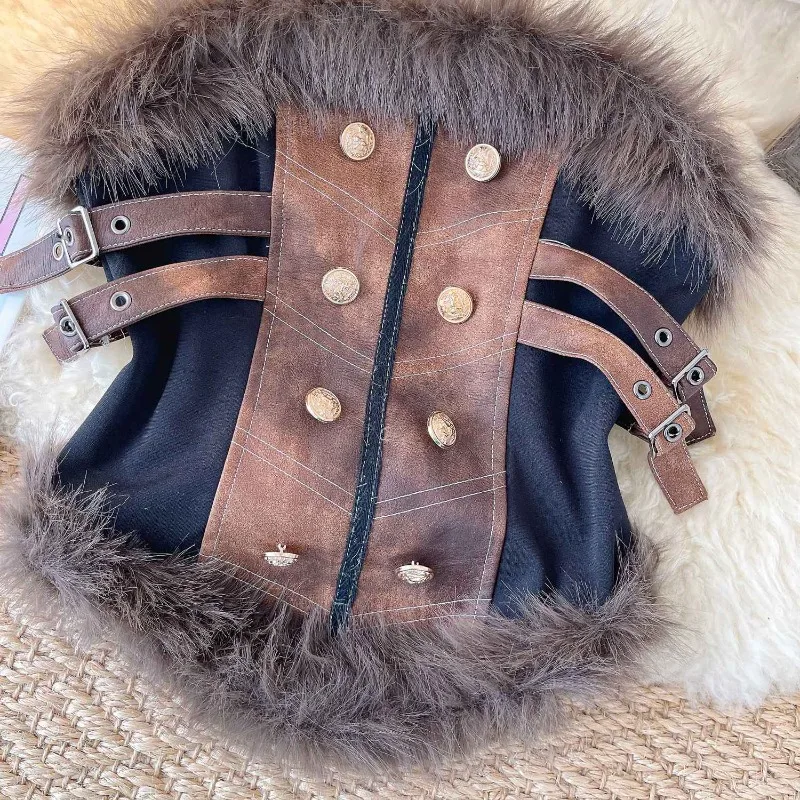 

European and American Retro Style Strapless Vest for Women Autumn Fur Collar Leather Vintage Design Unique and Trendy Top