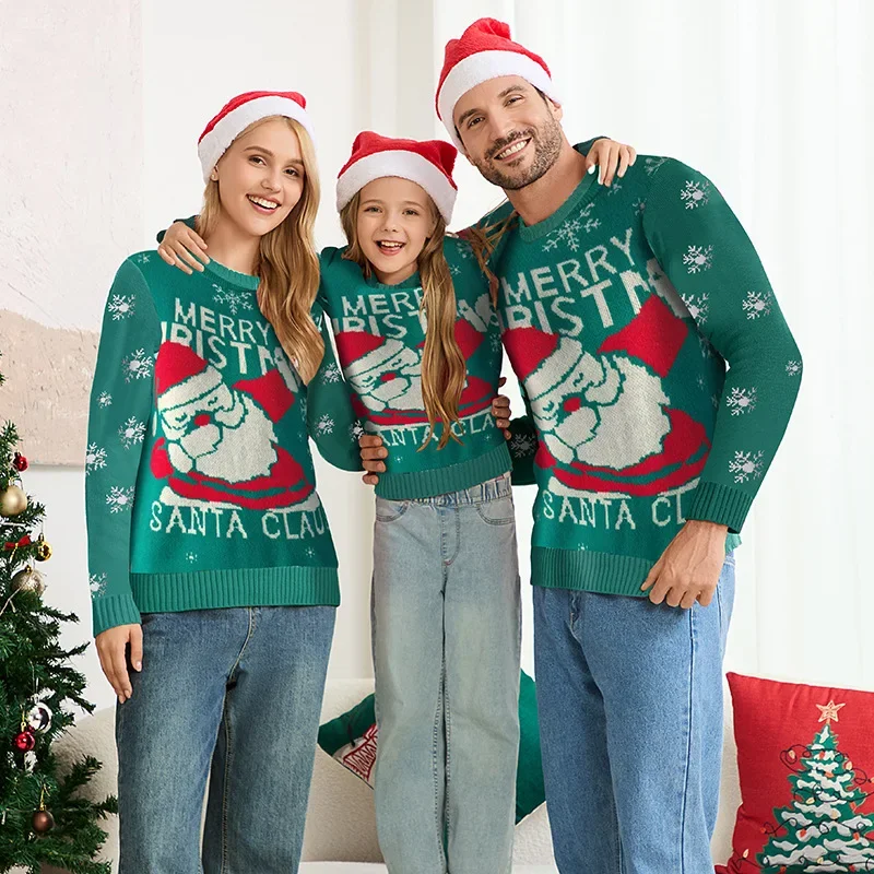 Merry Christmas Santa Claus Print Family Matching Sweater Warm Soft Knitwear Full Sleeve O Neck Jumpers Xmas Look Pullover Tops