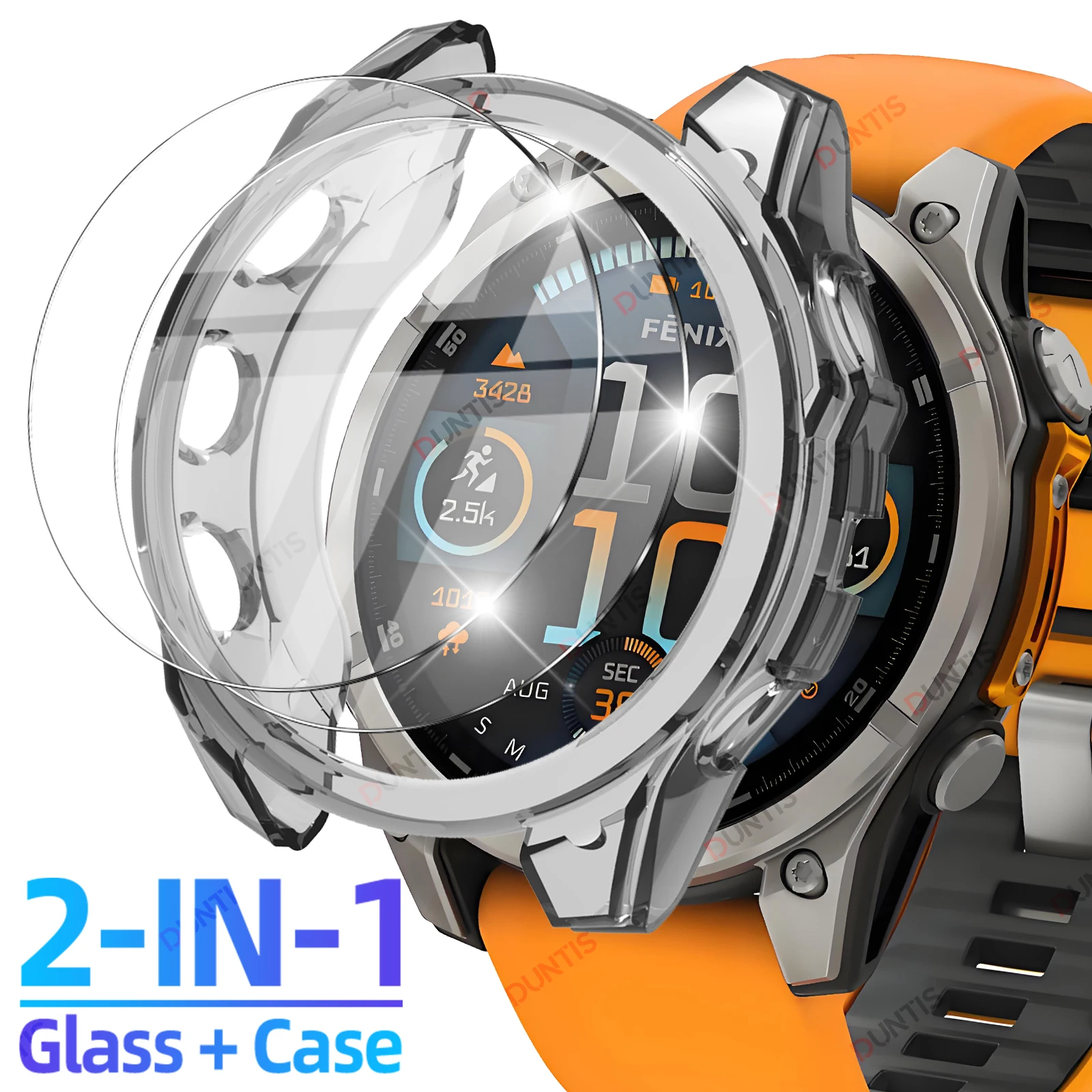 2IN1 Glass+Case for Garmin Fenix 8 43mm/47mm/51mm AMOLED SOLAR Glass Screen Protector Film & Soft Protective Case Accessories