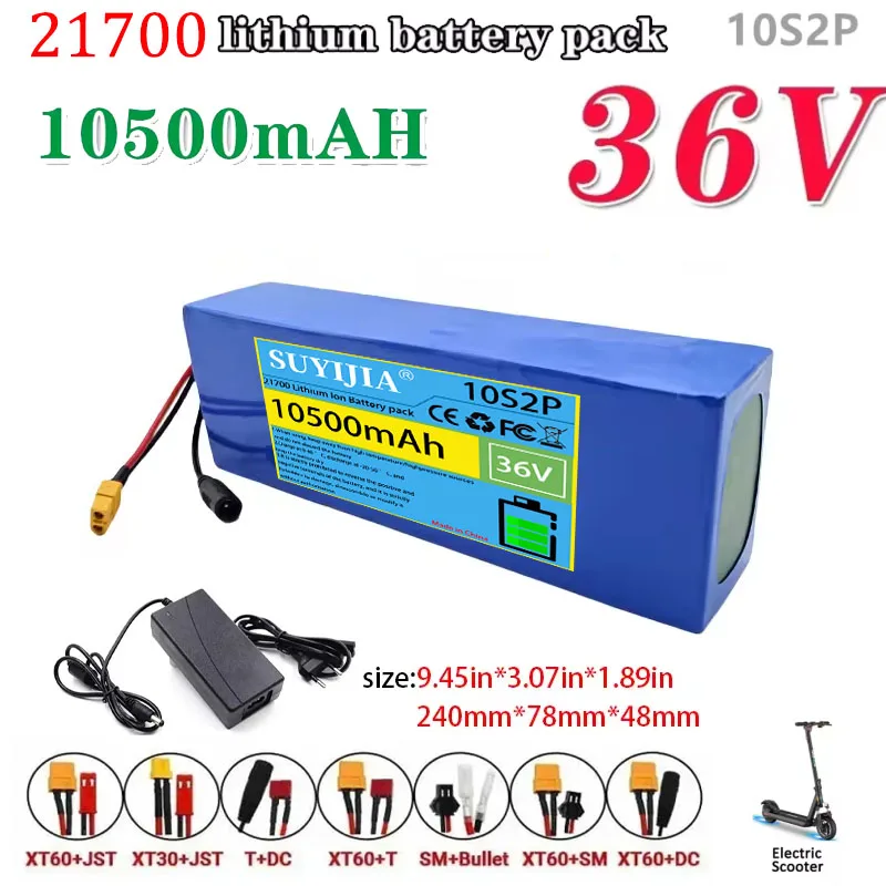 10.5Ah 21700 Lithium Battery Pack 10S2P 36V 5C Power Rechargeable 650W for Electric Scooters Bicycle Motorcycle, SYP T JST XT60