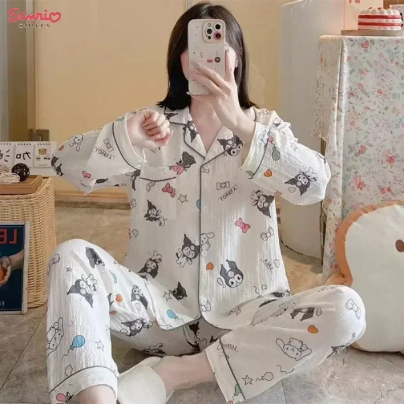 Sanrio Kuromi Cinnamoroll Women\'s Pajamas Set Anime Pochacco Long Sleeved Set Ventilate Soft Kawaii Cartoon Print Clothes