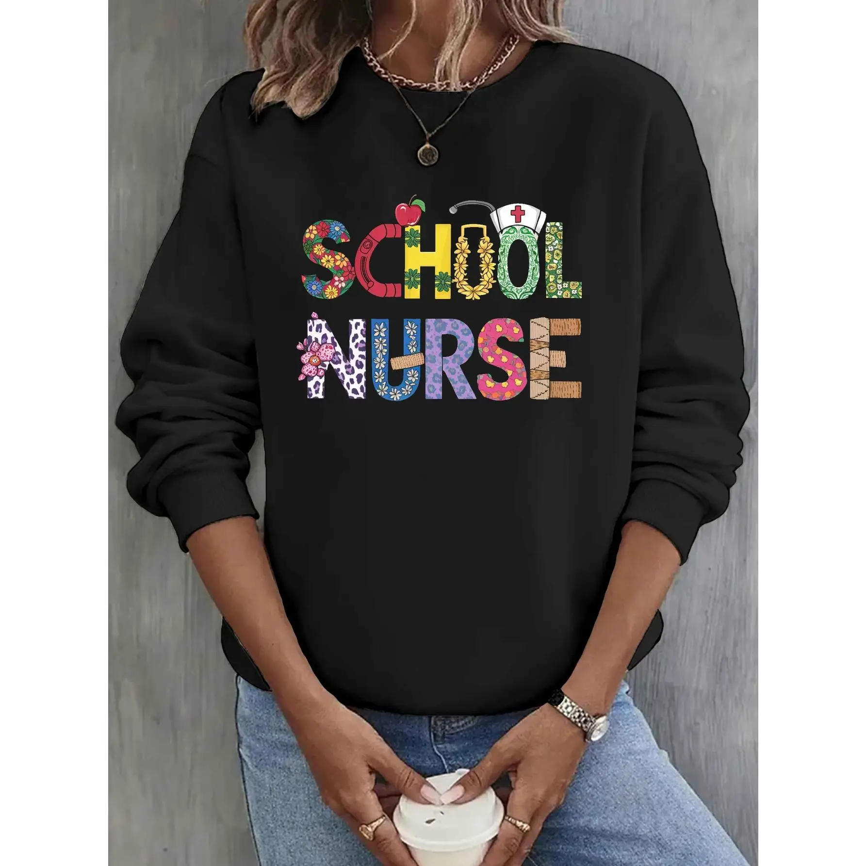 

Women's "School Nurse" Sweatshirt Cute Graphic Pullover Funny Medical Top Back to School Teacher Appreciation Gift