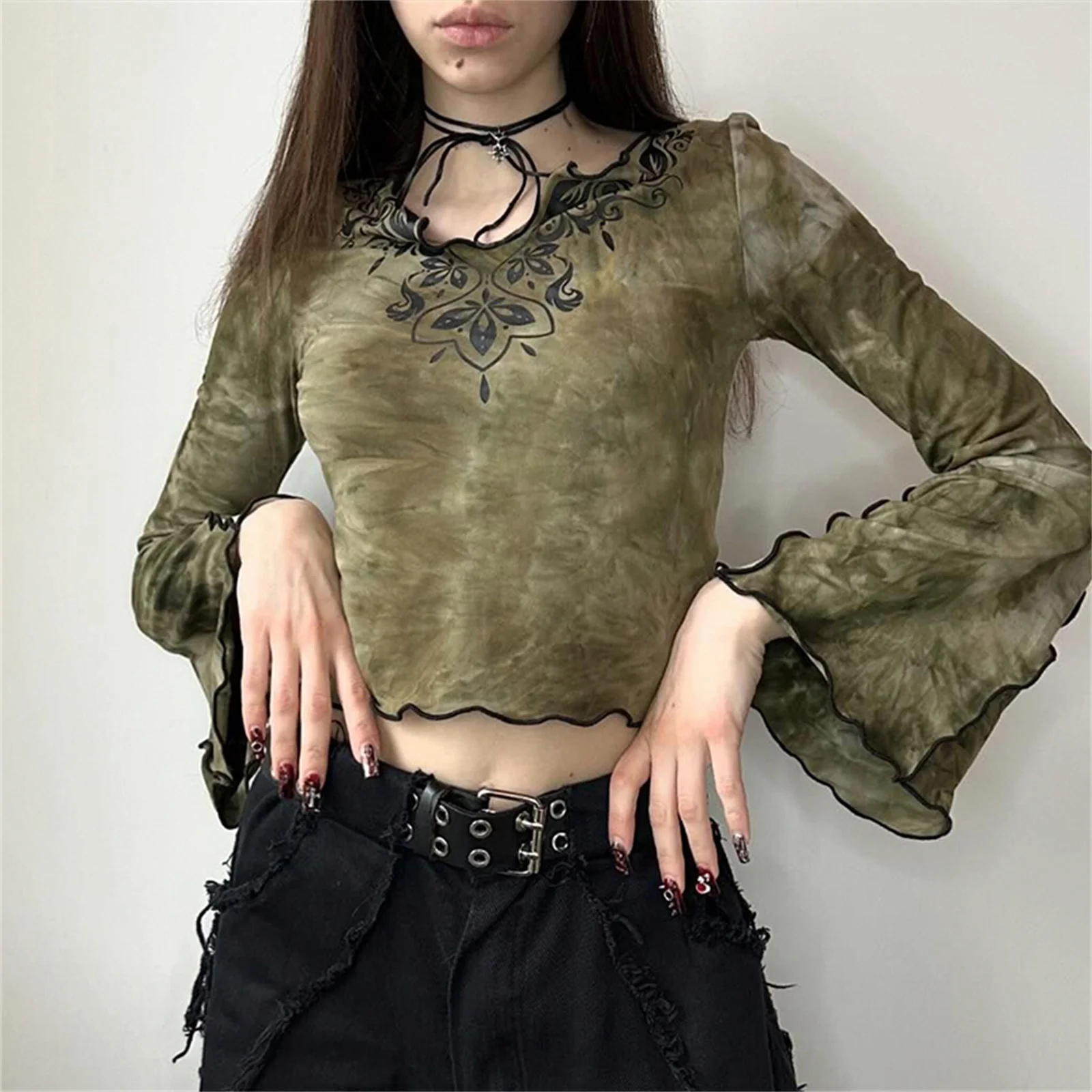 Women's Tie Dye Print Cropped Top Long Bell Sleeves Notched V Neck Slim Fit T-Shirt Women's Shirt Streetwear