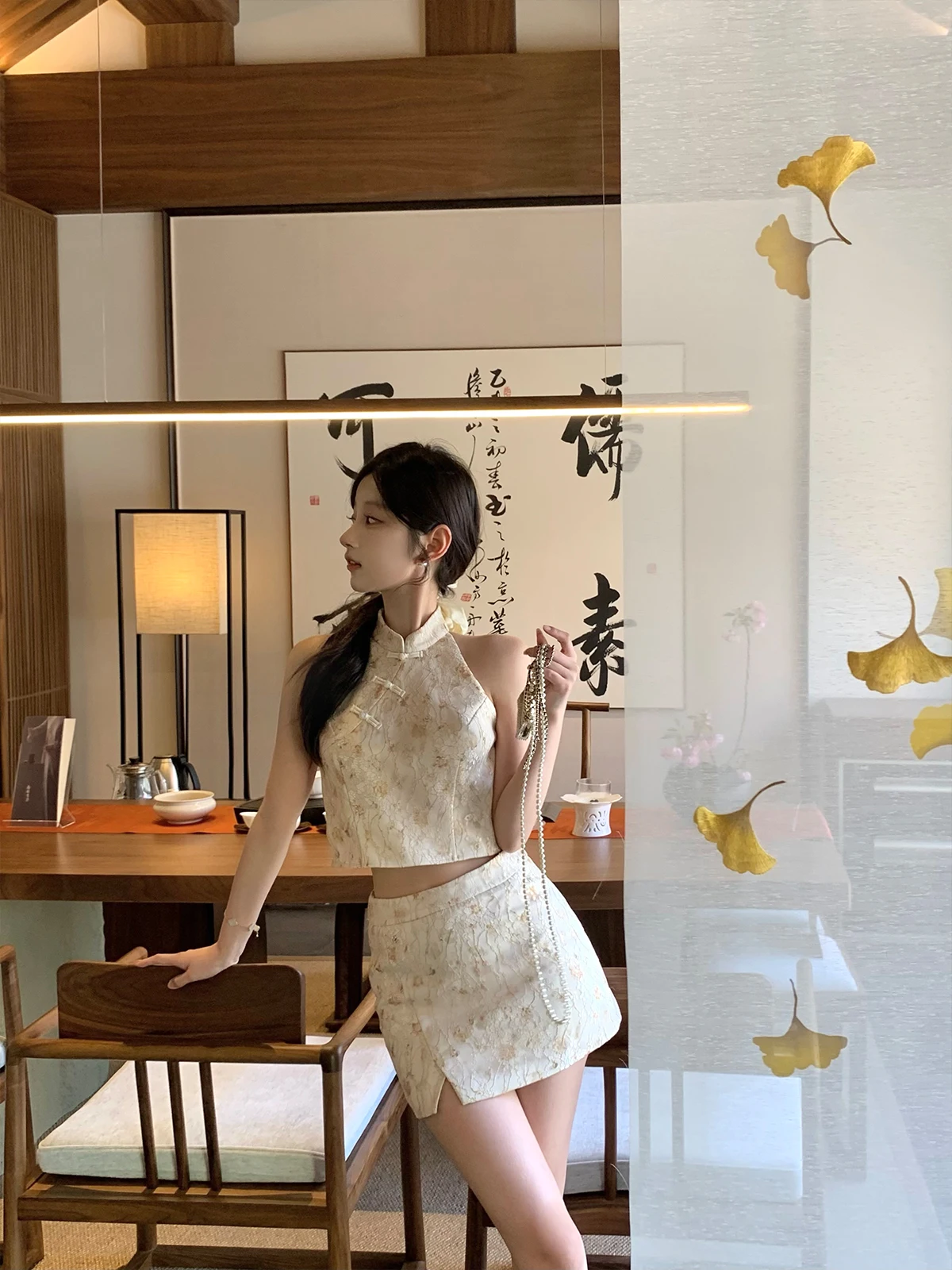 

Good Morning Fan Fan New Chinese Sle Set Women's ort Svel Top Straight Cut Skirt Faionable Ensemble