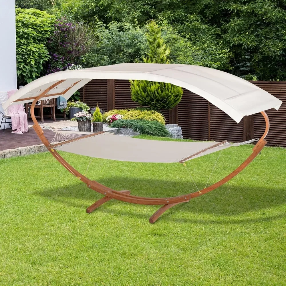

Outdoor Hammock with Stand & Accessories, Heavy Duty Wooden Frame, Extra Large Sun Shade Canopy, Indoor Outside Boho Style